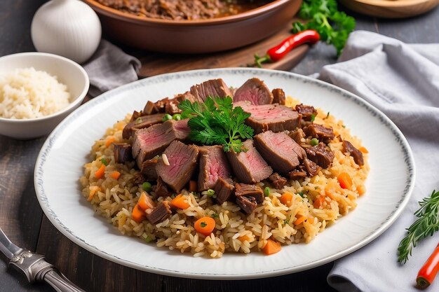 Photo traditional dish pilaf on a brown background selective focus