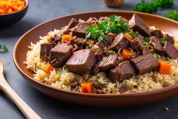 Photo traditional dish pilaf on a brown background selective focus