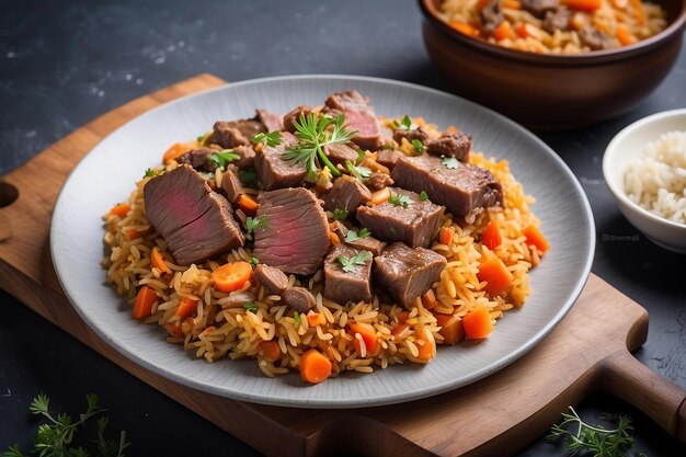 Photo traditional dish pilaf on a brown background selective focus