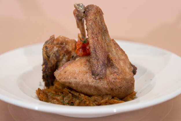 Traditional dish with baked drumstick duck and sour cabbage,  decorated with herbs