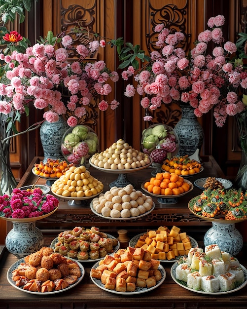 Photo traditional dishes and sweets that are prepared and distributed on vesak in honor of buddha