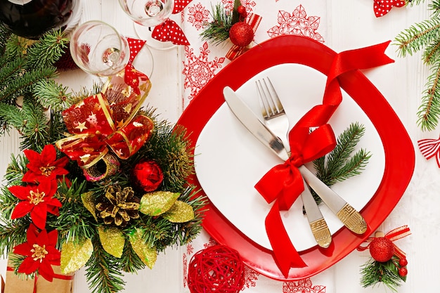 Traditional dishware on Christmas table.