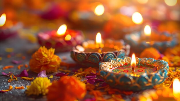 Traditional Diwali Clay Lamps Amidst Floral Decorations