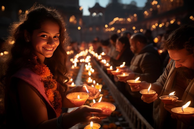 Traditional Diwali Puja in Candlelit Temple