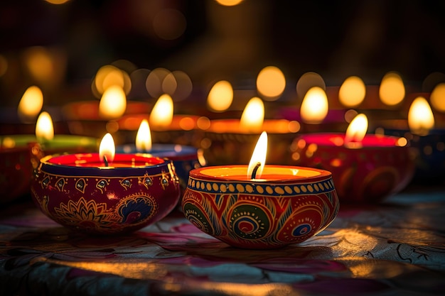 Traditional diya lamps beautiful lit during diwali celebration