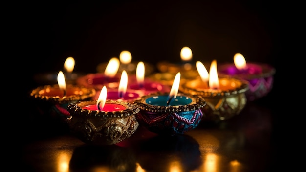 Традиционные масляные лампы Дия на темном фоне во время празднования