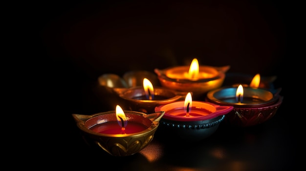 Traditional Diya Oil Lamps Against a Dark Background in Celebration