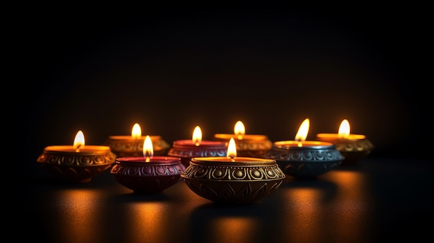 Traditional Diya Oil Lamps Against a Dark Background in Celebration