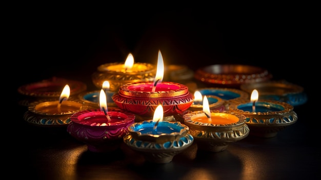 Traditional Diya Oil Lamps Against a Dark Background in Celebration