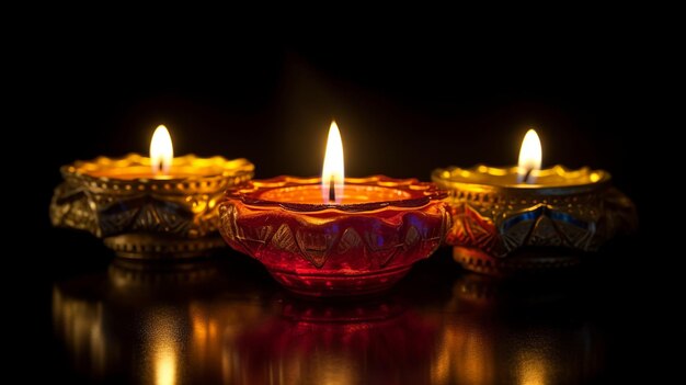 Traditional Diya Oil Lamps Against a Dark Background in Celebration