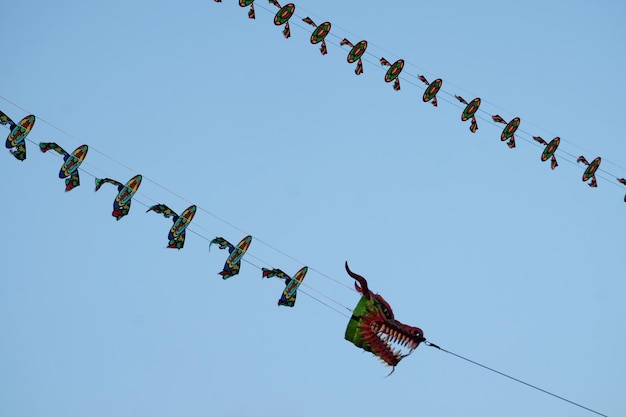 写真 ビーチで青い空を飛んでいる伝統的なドラゴン凧