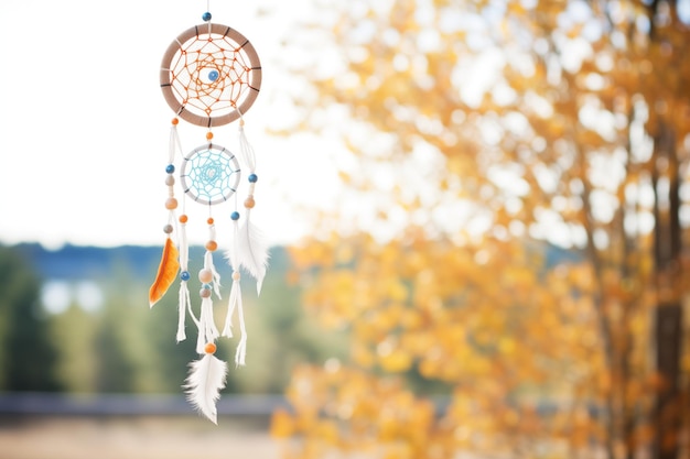 Traditional dream catcher as wind chime hanging outside