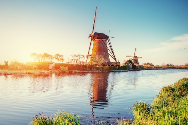 Traditional Dutch windmills from the channel Rotterdam. 