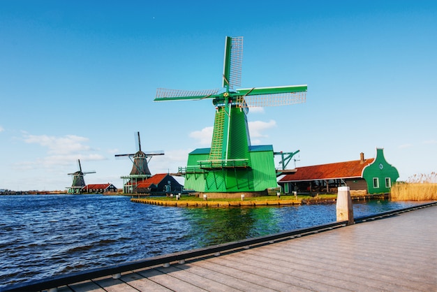 Foto mulini a vento olandesi tradizionali dal canale rotterdam.