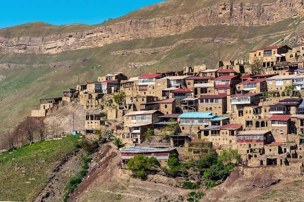 Traditional dwellings are located one above the other along the mountain slope in the ancient village of Chokh in Dagestan