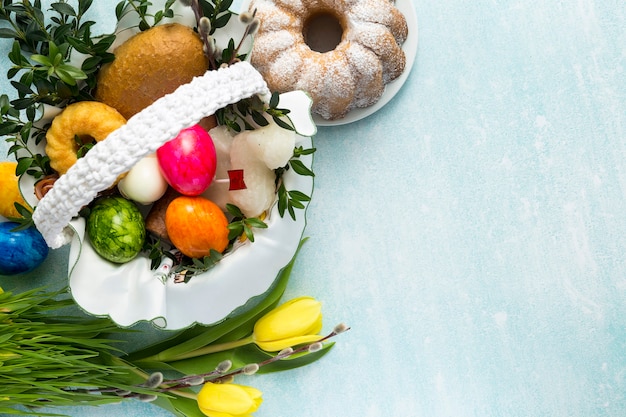 Traditional Easter basket with tulips