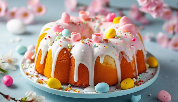 Traditional easter bunt cake with chocolate eggs