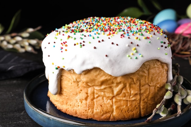 Traditional Easter cake on black table closeup