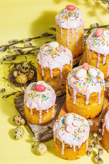 Traditional Easter cake Festive sweet food with icing and decor Eggs nest willow