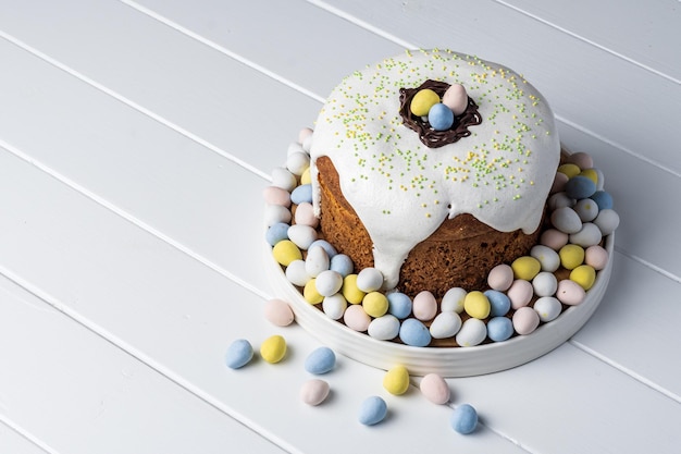 Traditional Easter cake or sweet bread on white background homemade pastry