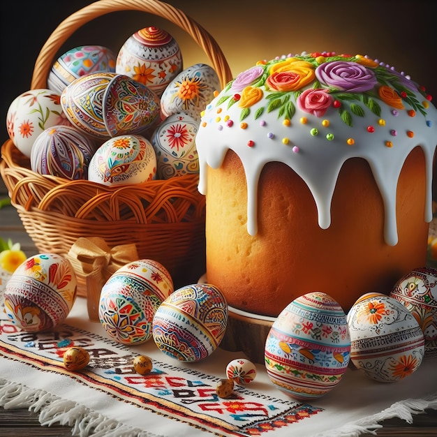 Traditional Easter Celebration With Intricately Decorated Eggs and Sweet Easter Bread PASKA