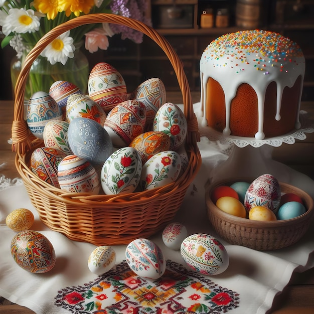 Традиционное празднование Пасхи с сложно украшенными яйцами и сладким пасхальным хлебом ПАСКА