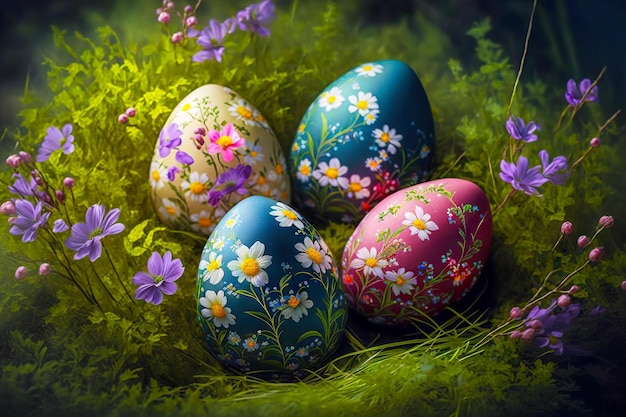 Traditional easter egg with floral ornament on green grass