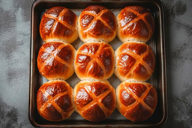 Traditional Easter hot cross buns on a baking tray AI generated