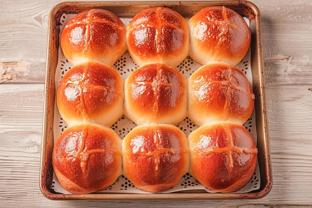 Traditional Easter hot cross buns on a baking tray AI generated