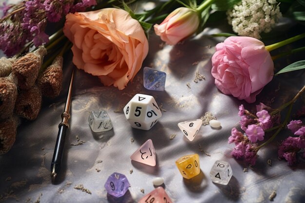 Photo traditional easter joy letter dice flowers and spoon cast on a marble surface