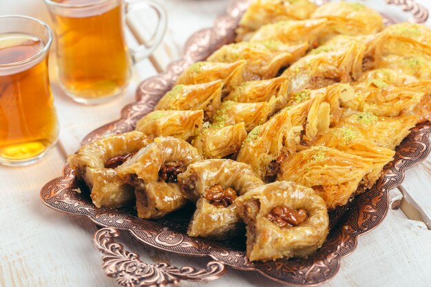  traditional eastern desserts on wooden