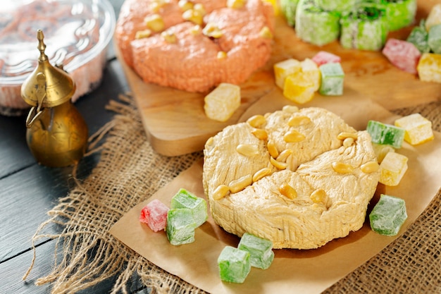 Traditional eastern desserts on wooden 