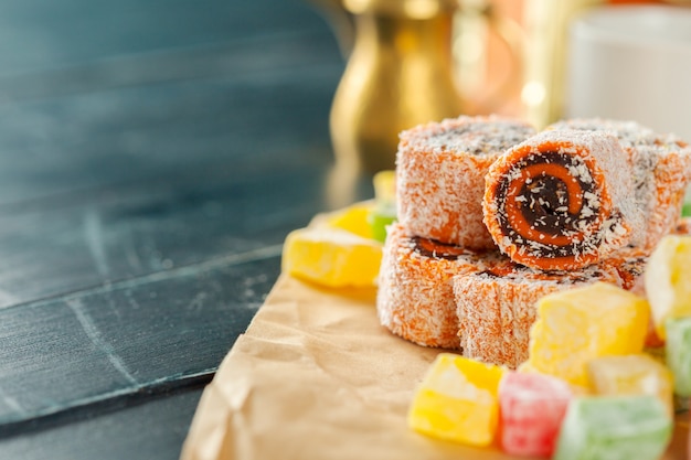 Traditional eastern desserts on wooden 