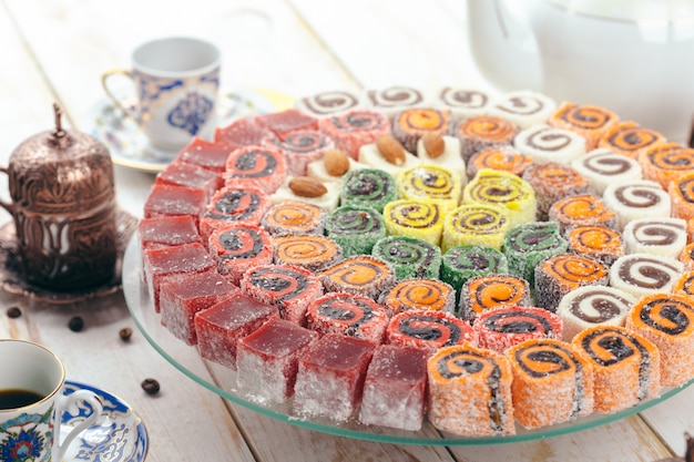  traditional eastern desserts on wooden 