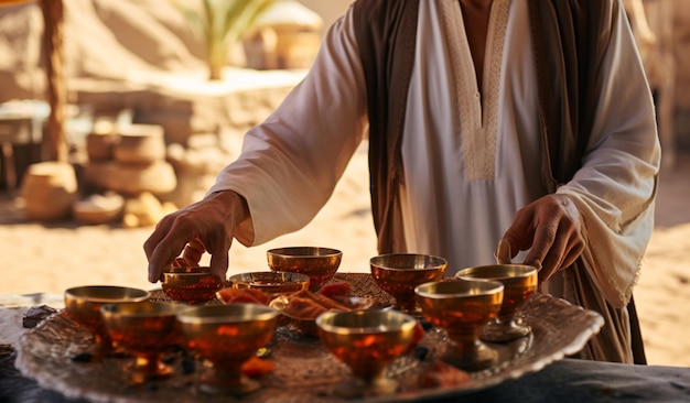 A traditional Egyptian tea waiter offers a Bedouin welcome with tea almonds and mugs on a Sinai tray