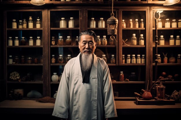 Traditional elder chinese man with long beard in an old pharmacy