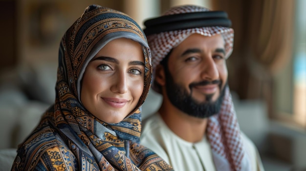 Traditional Emirati Couple Smiling in Elegant Attire