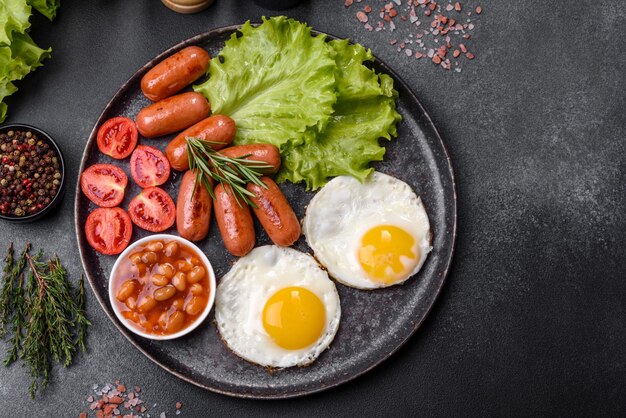 Traditional English breakfast with eggs toast sausages beans spices and herbs on a grey ceramic plate