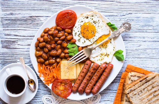 Traditional English breakfast on a wooden table