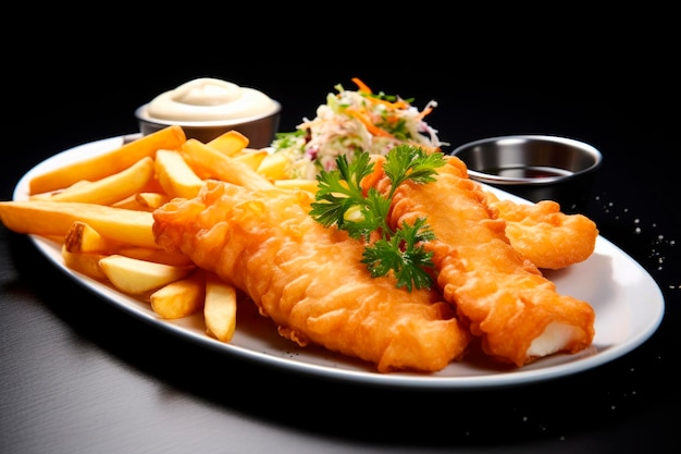 Traditional english food fish and chips on black background