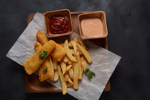 Traditional English Food - Fish and Chips. Fried fish filets and crispy French fries served with ketchup and homemade tarter sauce.