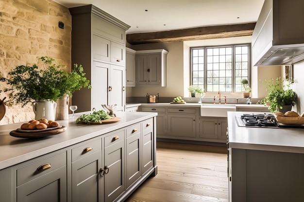Traditional English inframe country kitchen with muted natural colour tones Generative AI