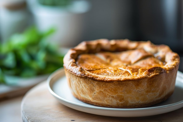 Photo traditional english pork meat pie on a plate on wooden kitchen table