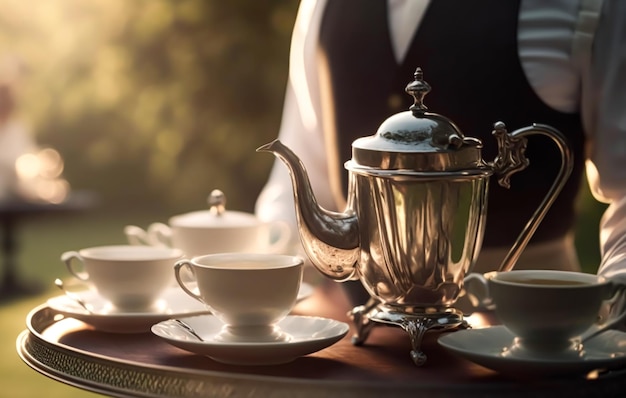 Traditional English tea time cups crockery food and desserts served by a waiter at formal English garden estate or hotel Generative AI