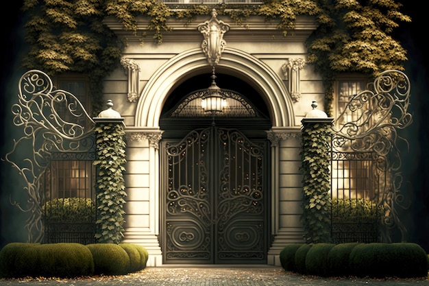 Traditional entrance door of house with large iron mansion gates