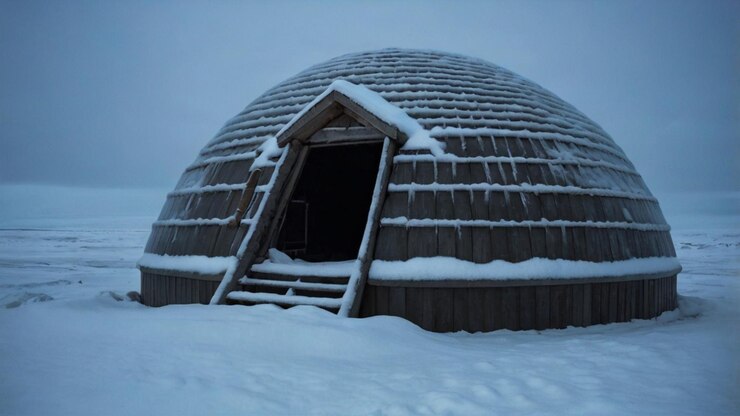 Photo a traditional eskimo igloo standing resilient amidst a powerful snowstorm in the arctic