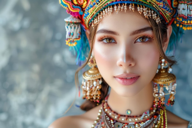 Traditional Ethnic Costume Adorned Woman with Exquisite Jewelry and Headgear Posing Artistically