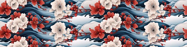 Фото Традиционный восточный азиатский японский цветочный бесшовный рисунок с цветами на красно-голубом фоне