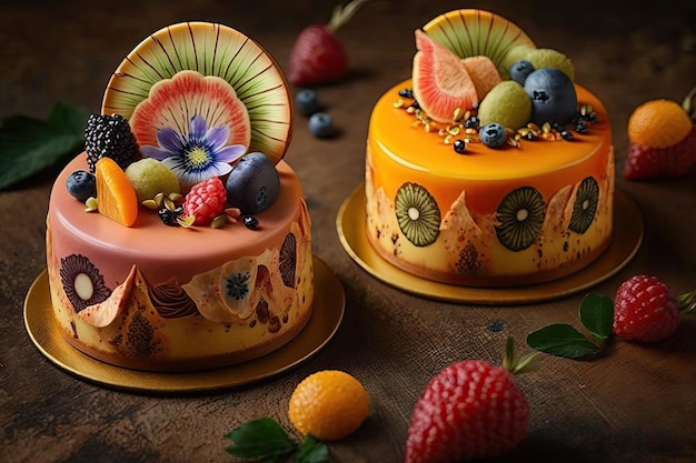 Traditional exotic fruit mousse cakes with different fruits created with generative ai