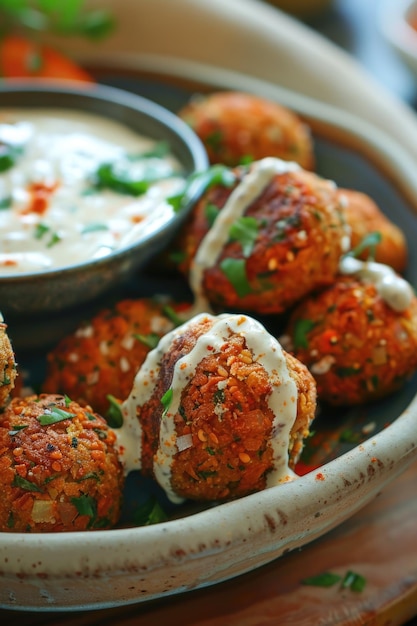 Traditional falafel balls on a patterned plate with a side of yogurt sauce